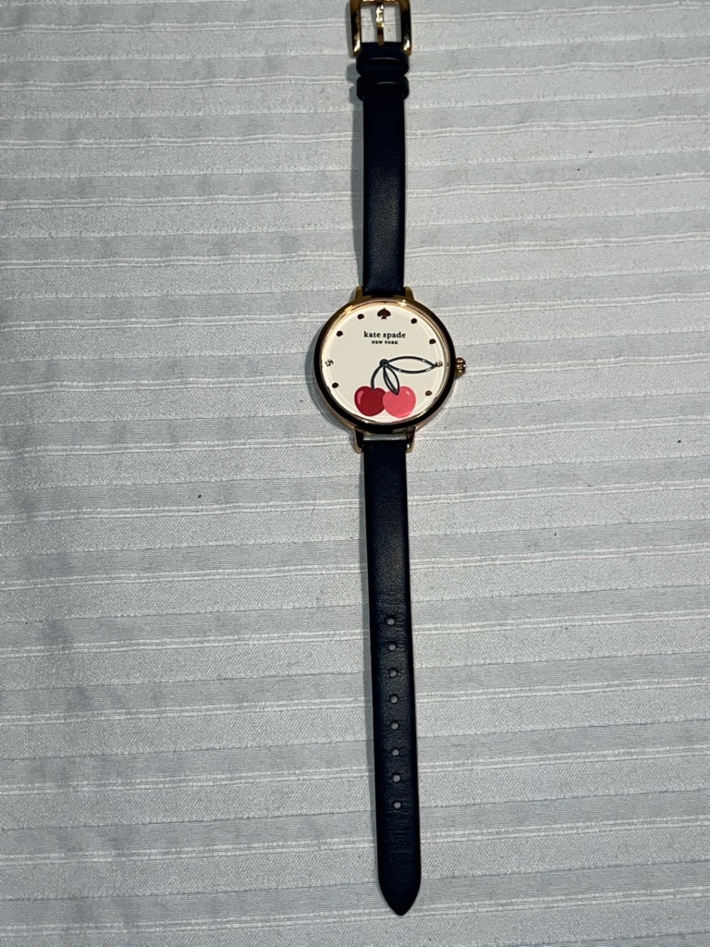 Kate Spade New York Gold-Tone Watch with Red Cherry Dial and Black Strap Works